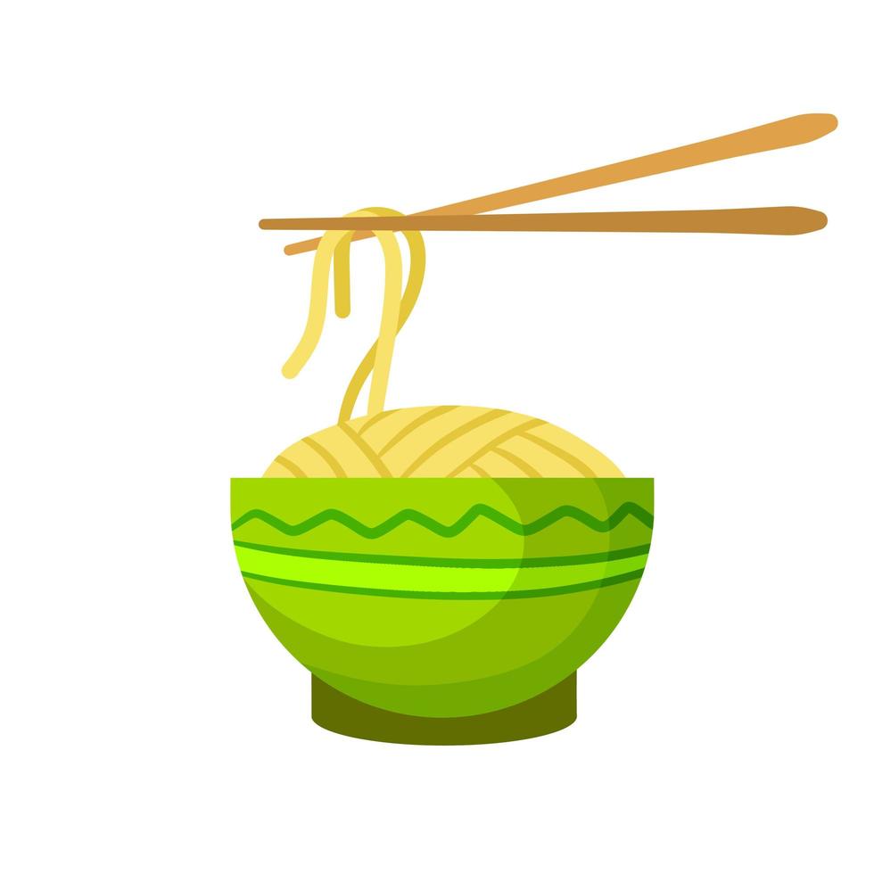 Asian noodles in clay bowl. vector