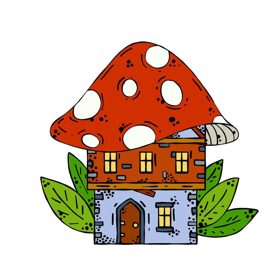 Mushroom house. Fairy tale children drawing. Fabulous natural dwelling. Cute cartoon illustration vector