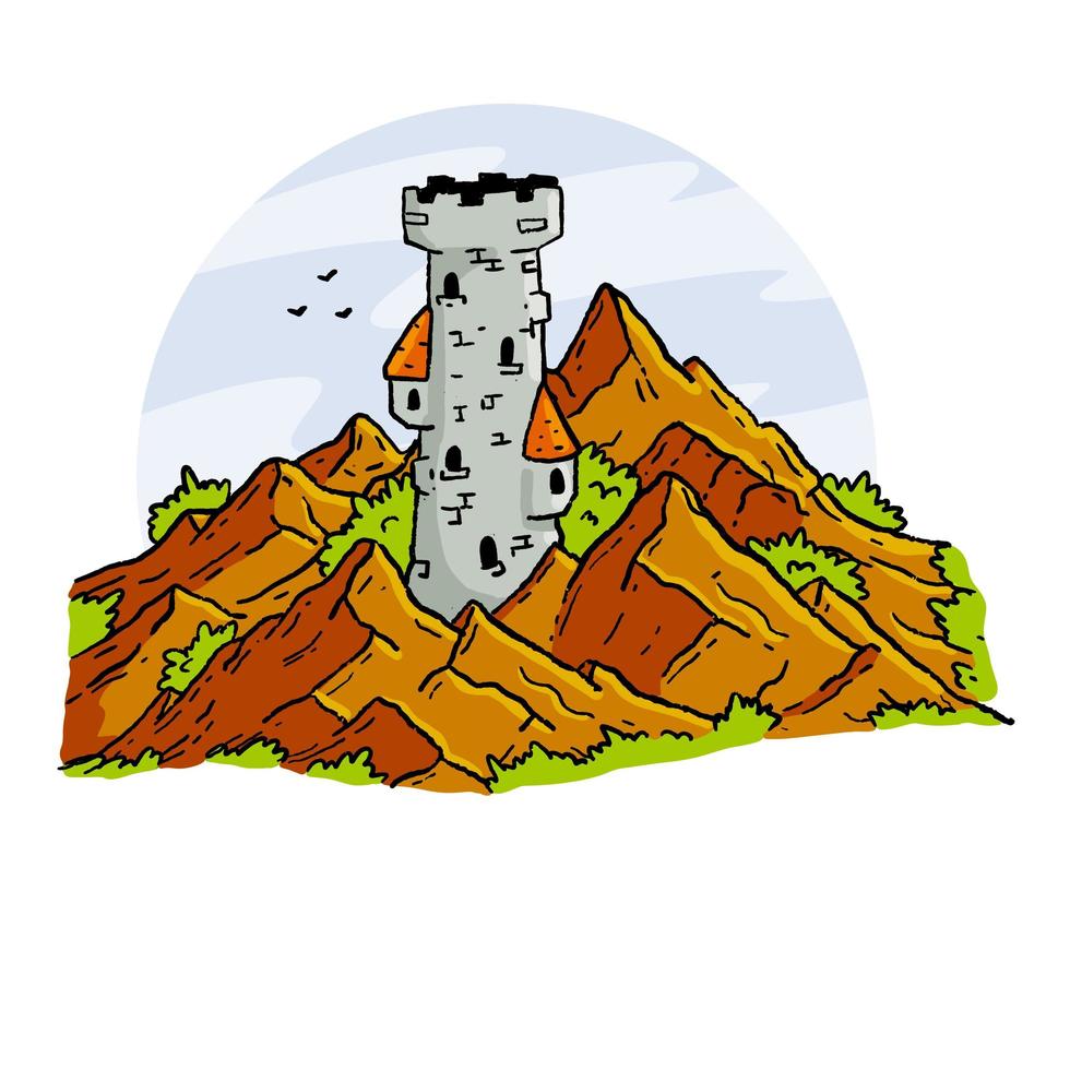 Magic tower in mountains. Medieval fortress or castle. vector