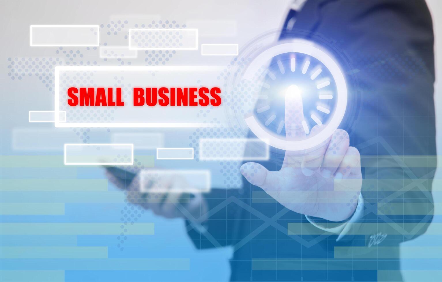 business woman touch small business text on visual screen, business concept photo