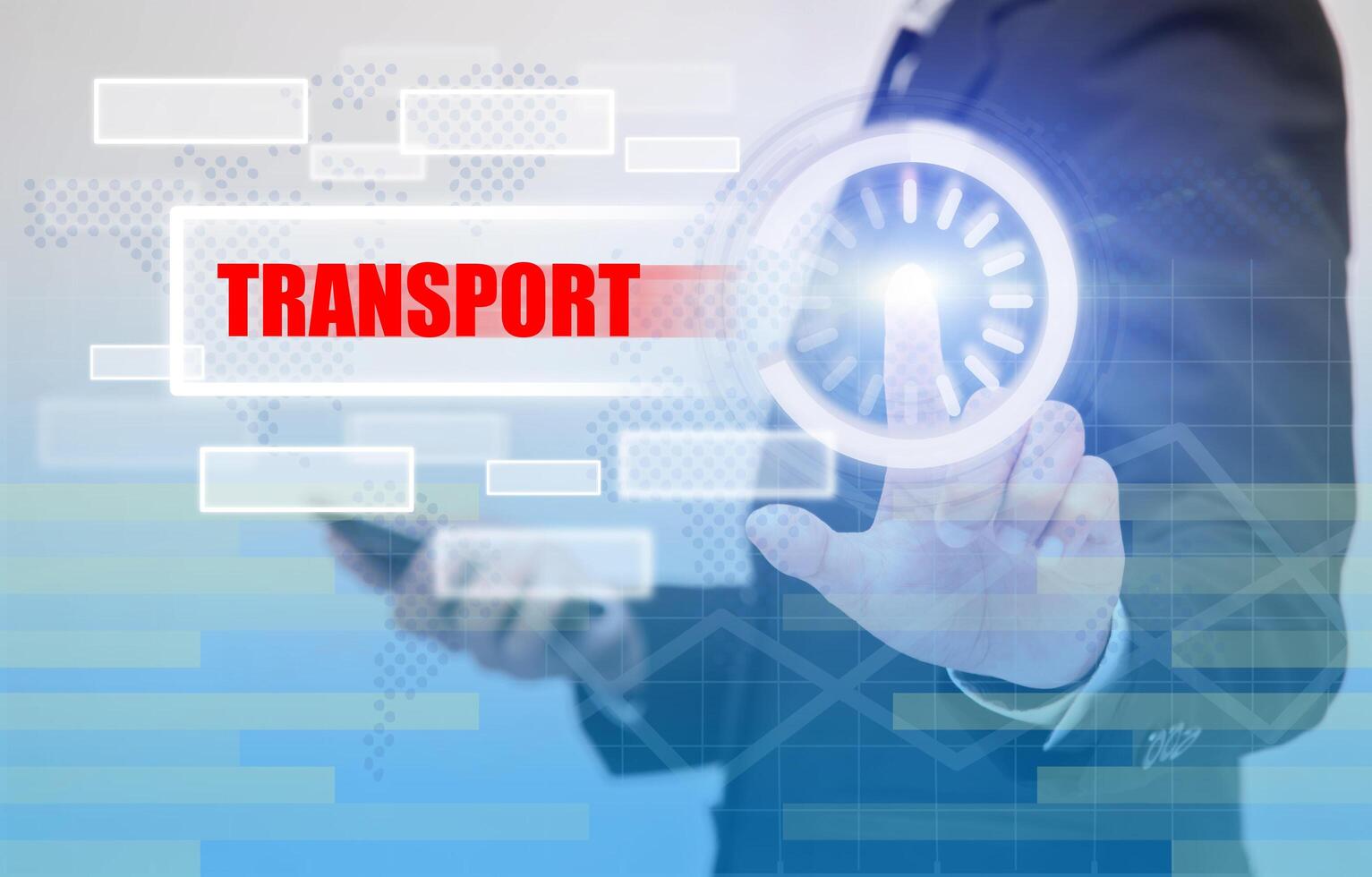 Businesswoman pressing button on touch screen interface and select TRANSPORT. Business concept photo