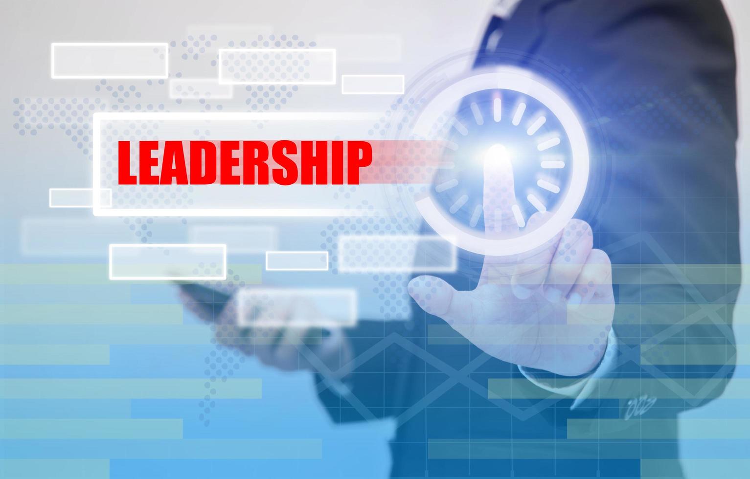 business woman touch LEADERSHIP sign on visual screen, business concept photo