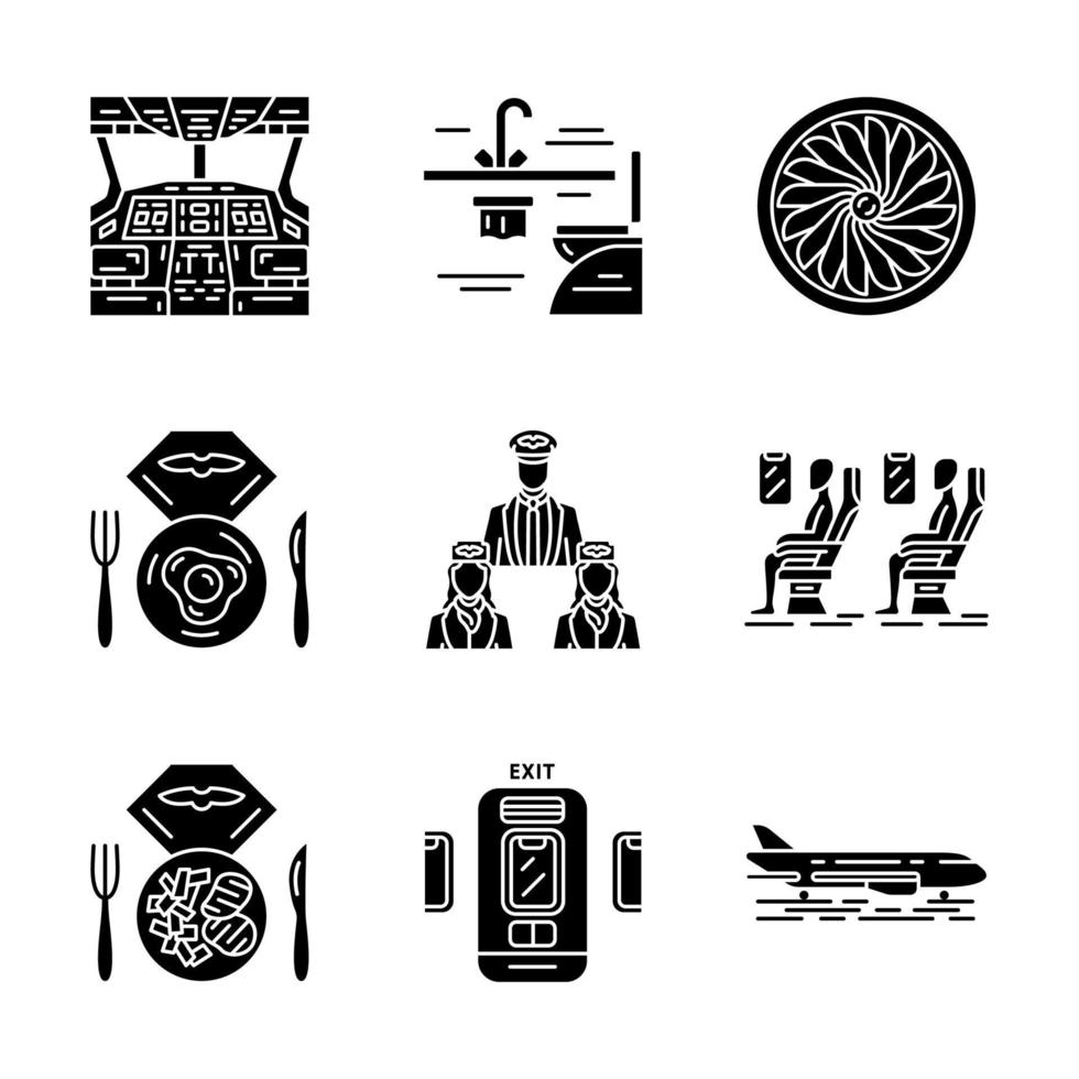 Aviation services glyph icons set. Aircrew, airplane comfortable seating. Passengers at plane salon. Aircraft. Journey amenities. Airline facilities. Silhouette symbols. Vector isolated illustration