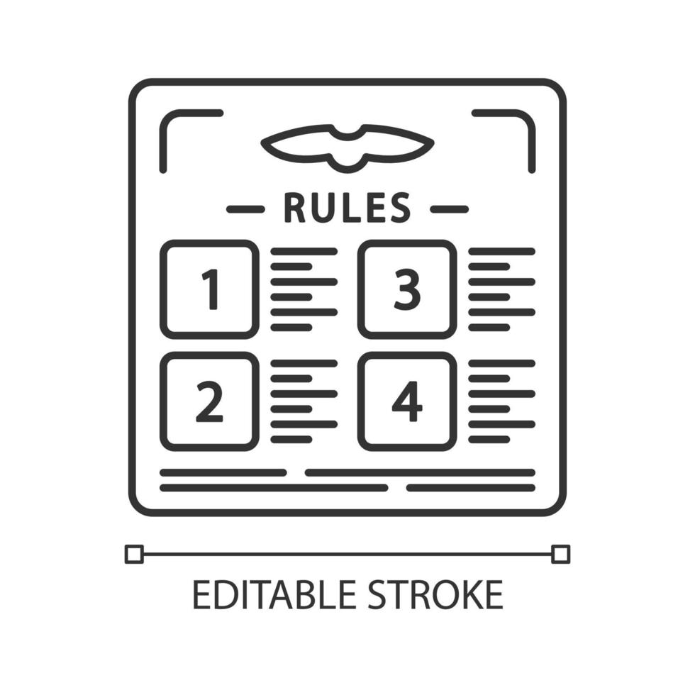 icono lineal de reglas de vuelo. mesa con estatuto. ajuste del avión. seguridad del avión. Normas de seguridad de los aviones. ilustración de línea delgada. símbolo de contorno dibujo de contorno aislado vectorial. trazo editable vector