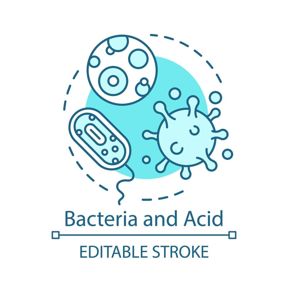 Bacteria and acid concept icon. Oral flora. Pathogens. Causes of tooth decay. Pathogenic microflora. Viruses and protozoa idea thin line illustration. Vector isolated outline drawing. Editable stroke