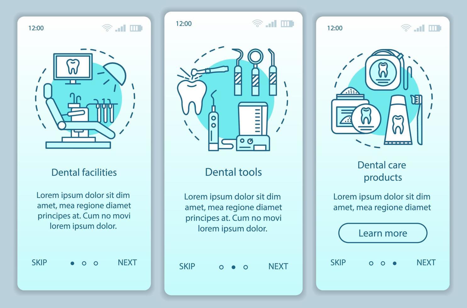 Dental stuff onboarding mobile app page screen with linear concepts. Dental facilities, tools, care products walkthrough steps graphic instructions. UX, UI, GUI vector template with illustrations