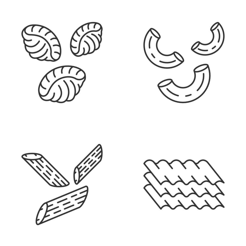 Pasta noodles types linear icons set. Mediterranean macaroni. Shells, elbows, penne, lasagne sheets. Italian cuisine. Thin line contour symbols. Isolated vector outline illustrations. Editable stroke