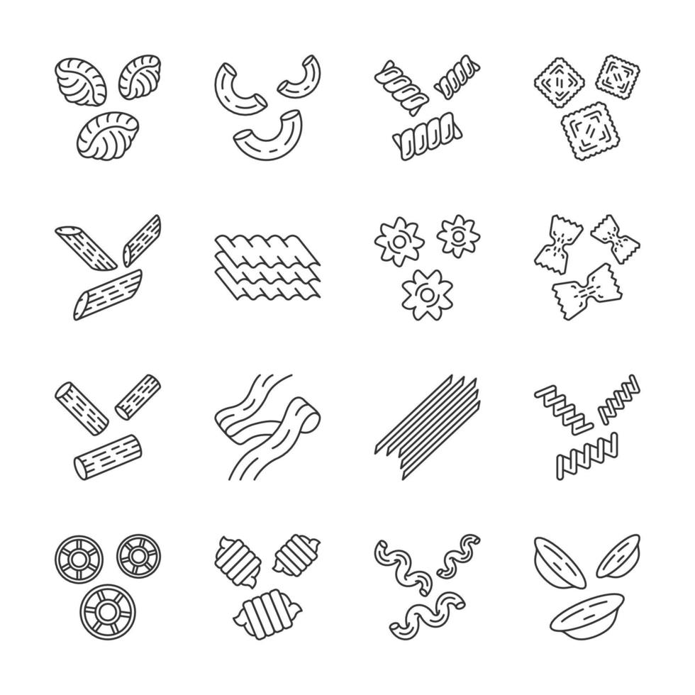 Pasta noodles linear icons set. Italian traditional macaroni. Shaped, dried dough products. Assortment of groceries. Thin line contour symbols. Isolated vector outline illustrations. Editable stroke