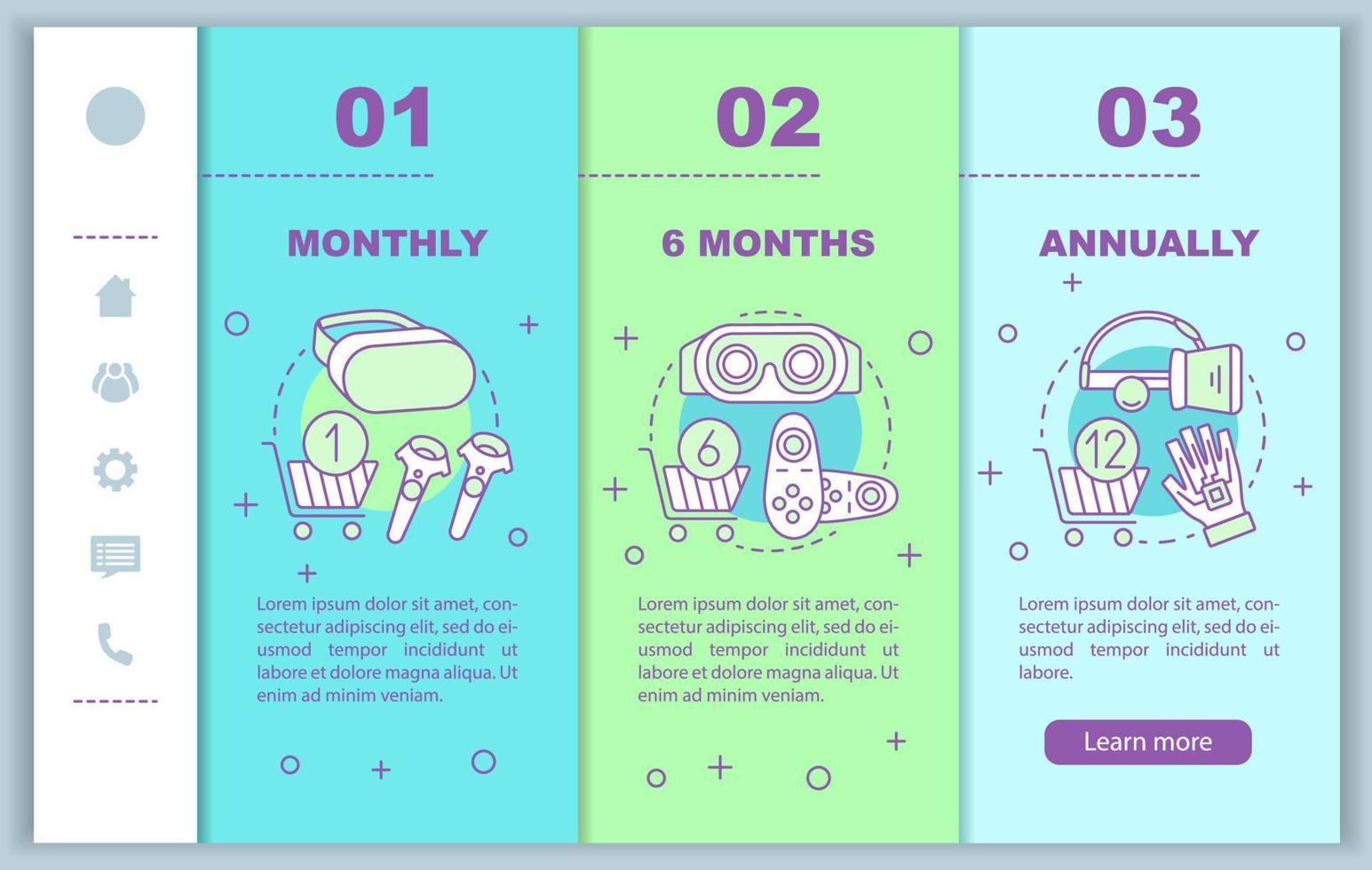 VR game subscription onboarding mobile web pages vector template. Monthly tariff. Responsive smartphone website interface idea, linear illustrations. Webpage walkthrough step screens. Color concept