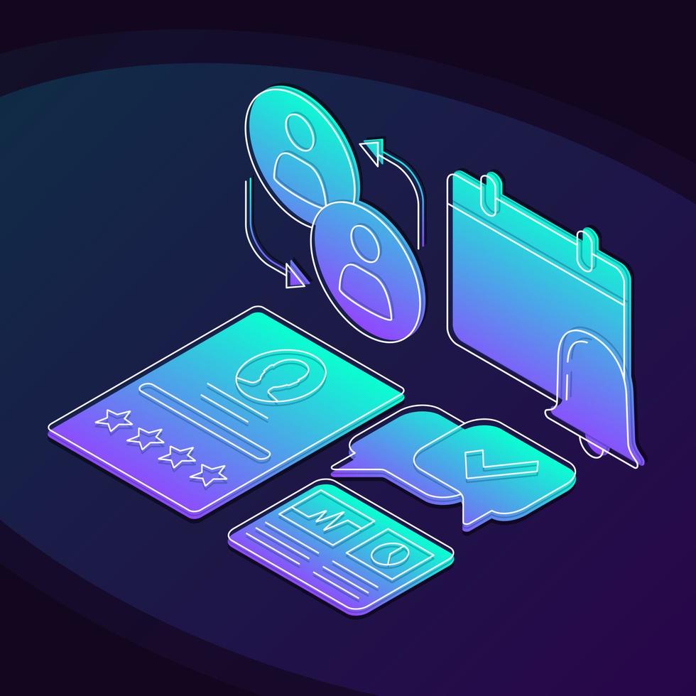 Customer service isometric vector illustration. Client attraction, retention linear icons infographic. Marketing tools 3d concept. Loyalty program, customer support. Gradient isolated design elements