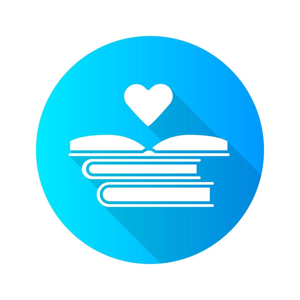 Educational books distribution flat design long shadow glyph icon. Volunteer reader. Donating books. Stack of romance novels. Love of reading. Literary collection. Vector silhouette illustration