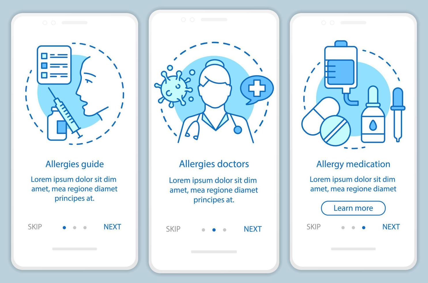 Allergy medical help onboarding mobile app page screen with linear concepts. Allergies guide, doctors, medication walkthrough steps graphic instructions. UX, UI, GUI vector template with illustrations