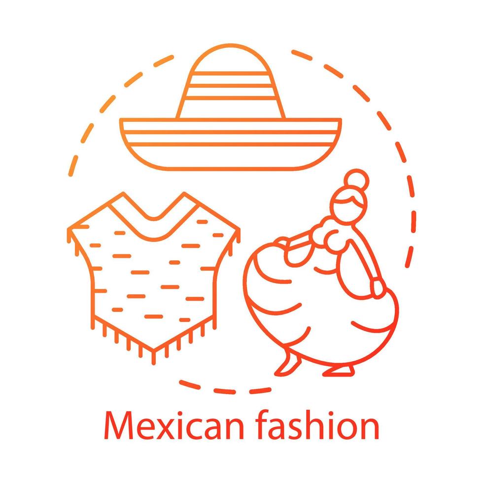 Mexican fashion concept icon. South American traditional clothes. Poncho, sombrero, woman in long dress idea thin line illustration. Vector isolated outline drawing. Editable stroke