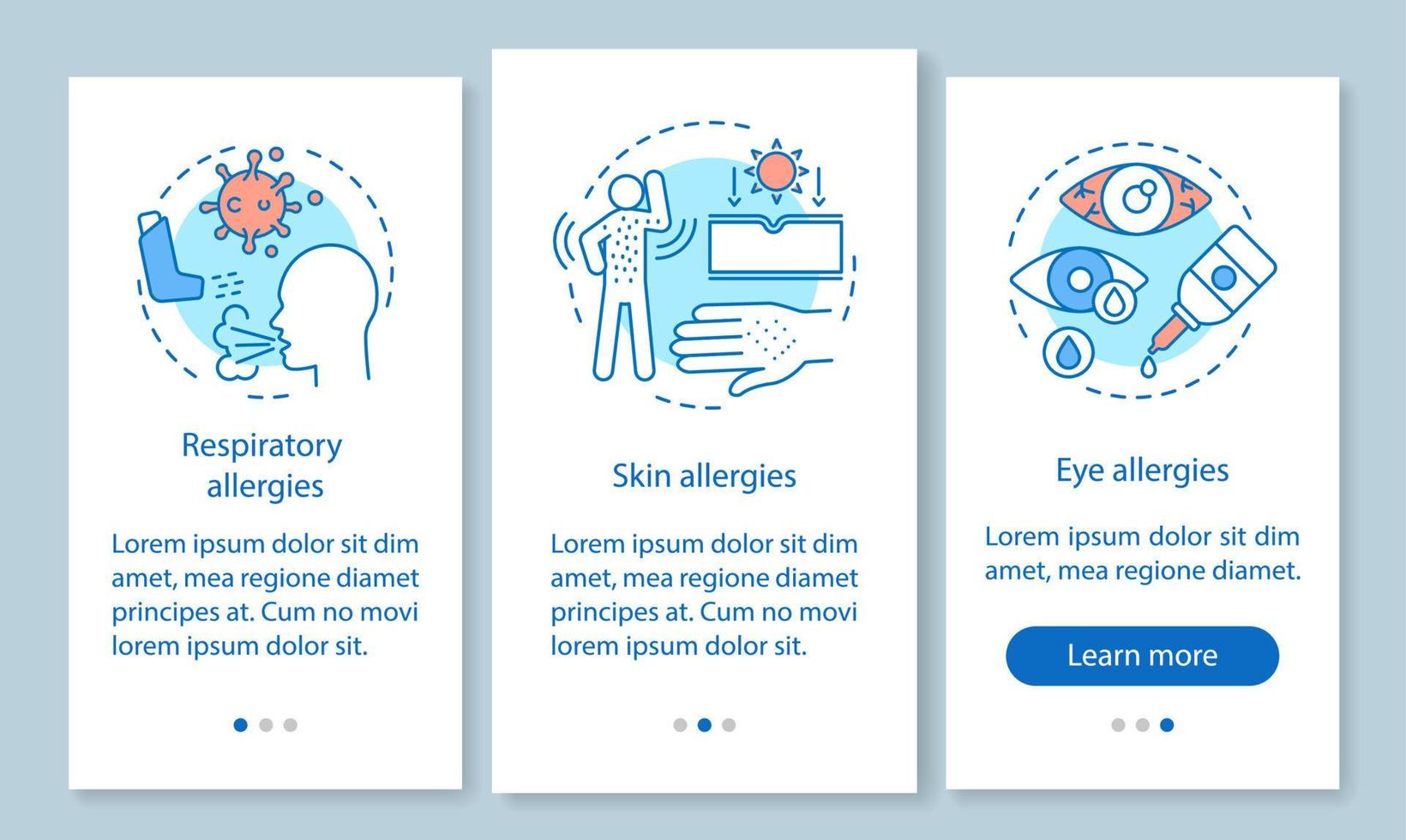 tipos de síntomas de alergia que incorporan la pantalla de la página de la aplicación móvil con conceptos lineales. piel, ojo, alergias respiratorias paso a paso instrucciones gráficas. ux, ui, plantilla vectorial gui con ilustraciones vector