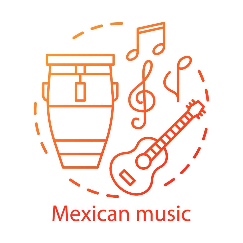 icono del concepto de música mexicana. fiesta de sonido acústico latino. instrumentos de la banda de mariachis. tambor, guitarra, símbolos musicales idea ilustración de línea fina. dibujo de contorno aislado vectorial. trazo editable vector