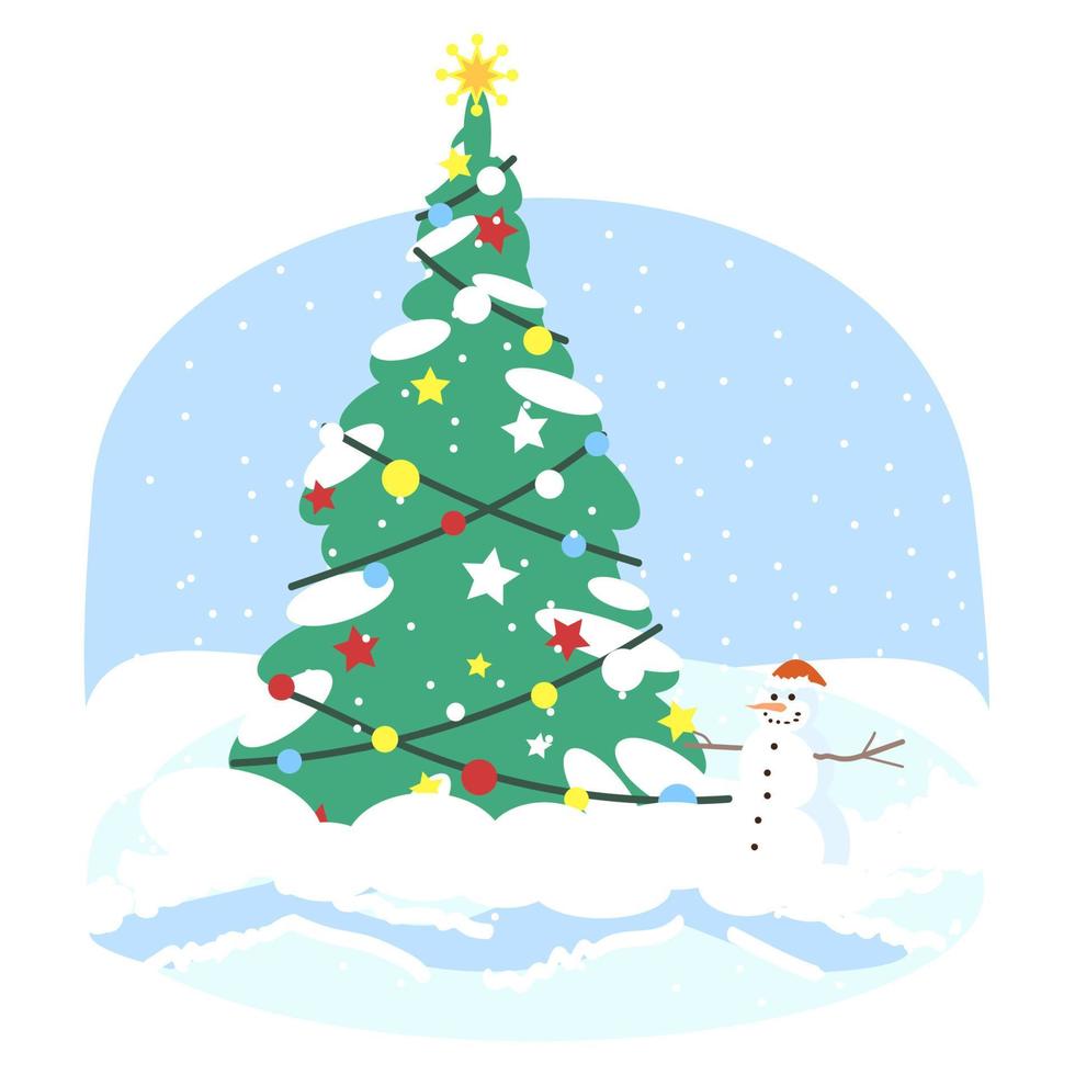 Christmas tree flat vector illustration. Xmas fir tree with snowman and holiday lights decorations cartoon clipart. New Year winter outdoor decor. Christmas greeting card design element