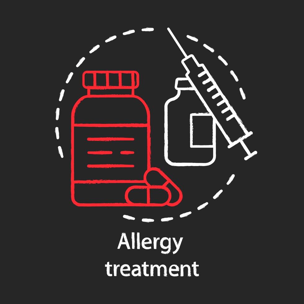 Allergy treatment chalk concept icon. Vaccination and immunization idea. Allergic diseases prevention. Pills bottle, vaccine, syringe. Vector isolated chalkboard illustration