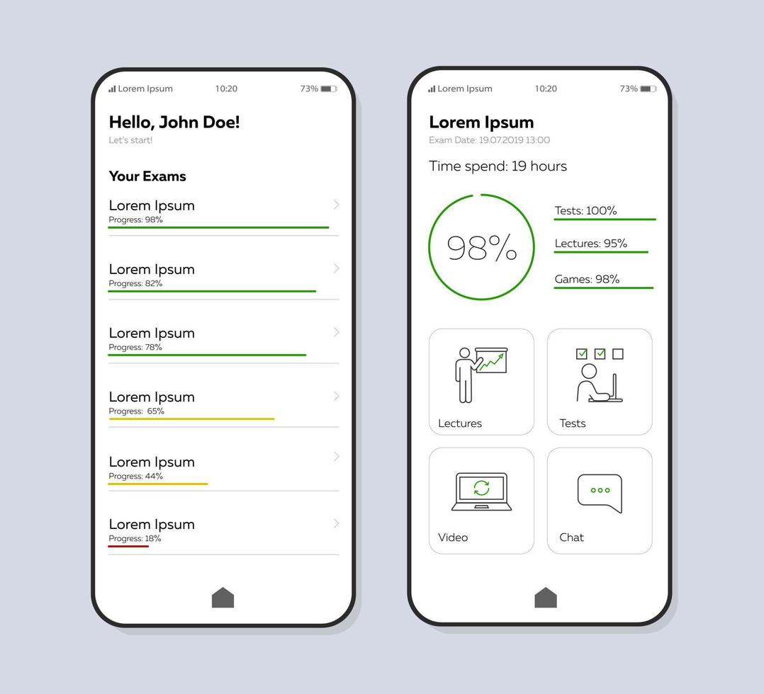 Exams manager smartphone interface vector template. Mobile app page color design layout. Progress assessment screen. Linear UI for application. Study time organizer, planner phone display