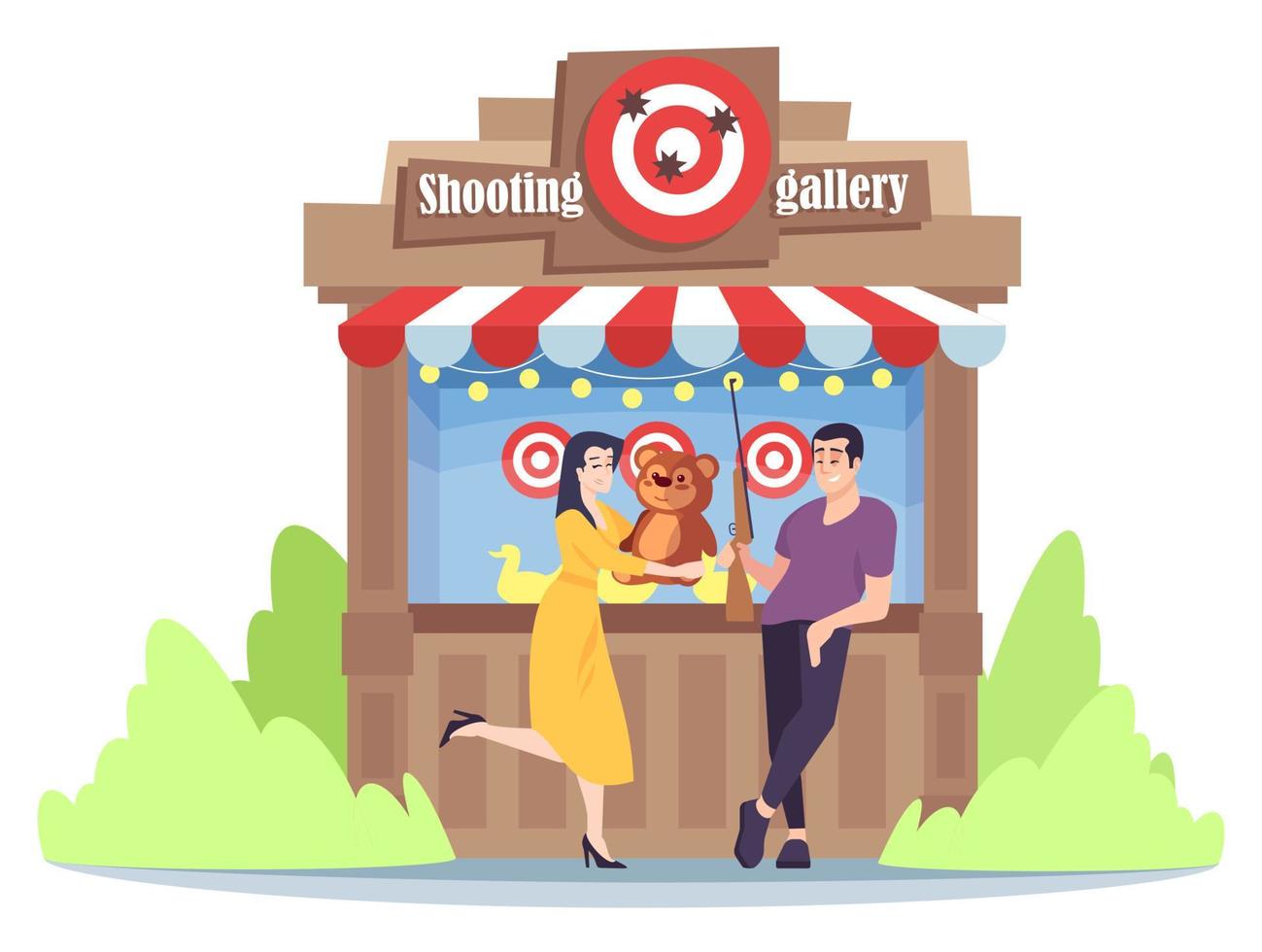 Shooting gallery flat illustration. Boyfriend won prize for girlfriend at shooting range. Amusement park, funfair entertainment. Couple play game at summer circus fair, festival cartoon characters vector