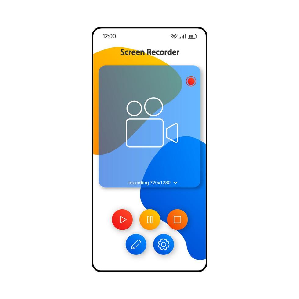 Screen recording tool smartphone interface vector template. Mobile app page color design layout. Voice, audio recorder screen. Flat UI for application. Multimedia settings phone display