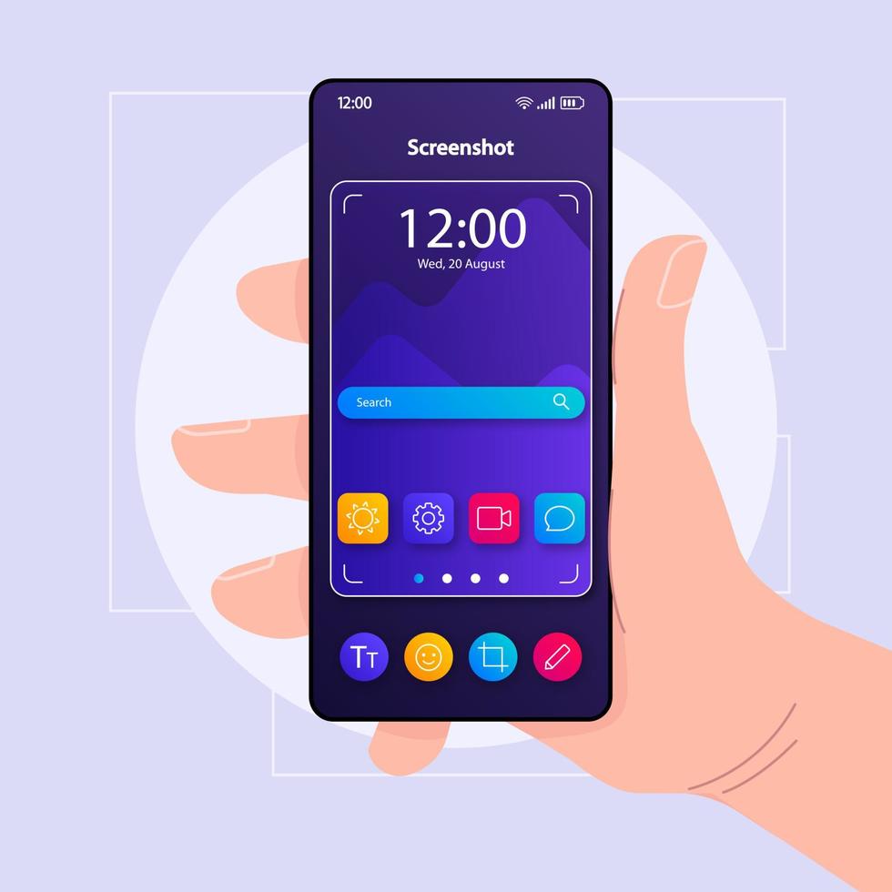 Screenshots making smartphone interface vector template. Mobile app page color design layout. Photo camera focus finder screen. Flat UI for application. Hand holding phone with photo tool on display