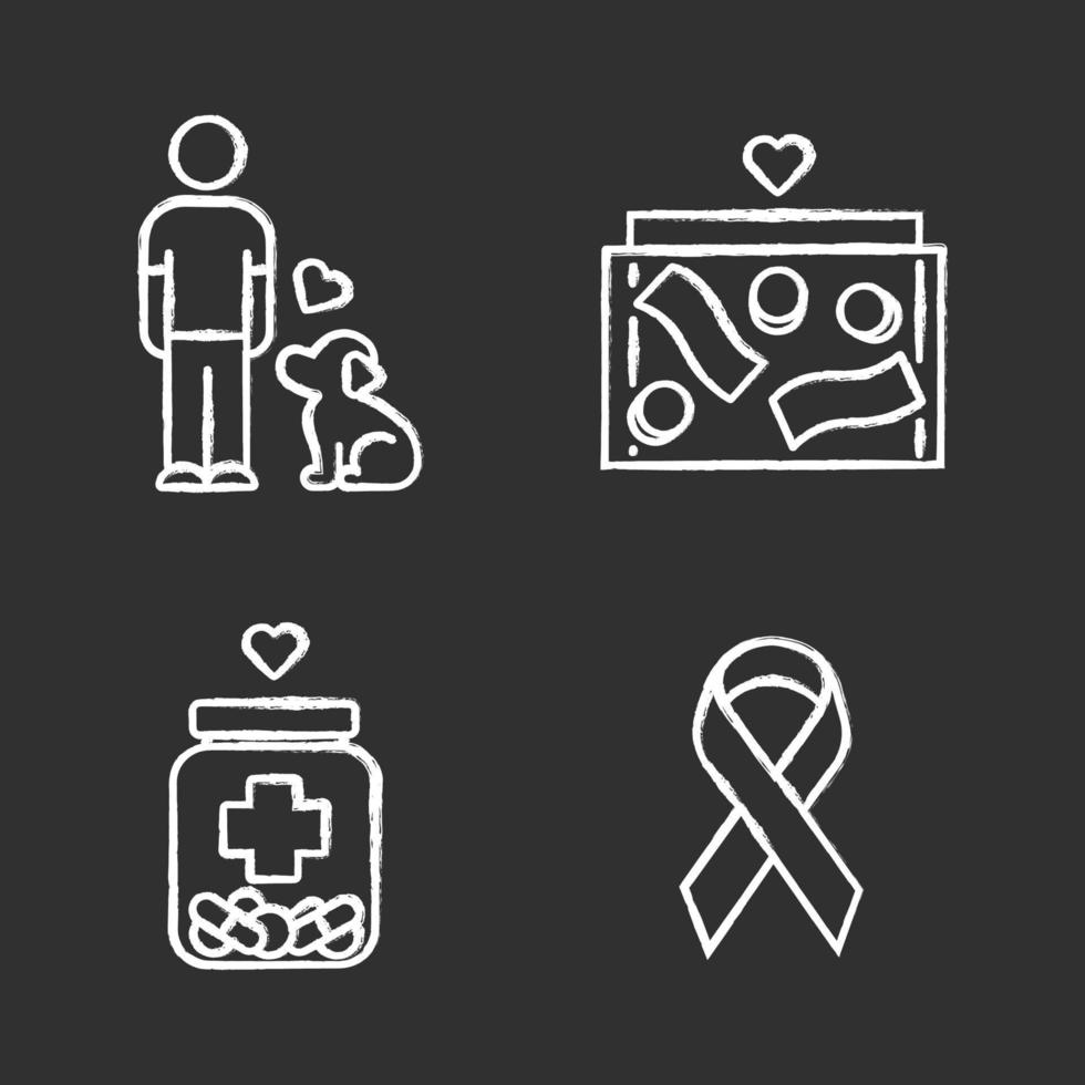 Volunteering chalk icons set. Humanitarian assistance. Altruistic activity. Animals welfare, donation box, medical aid, awareness ribbon. Isolated vector chalkboard illustrations