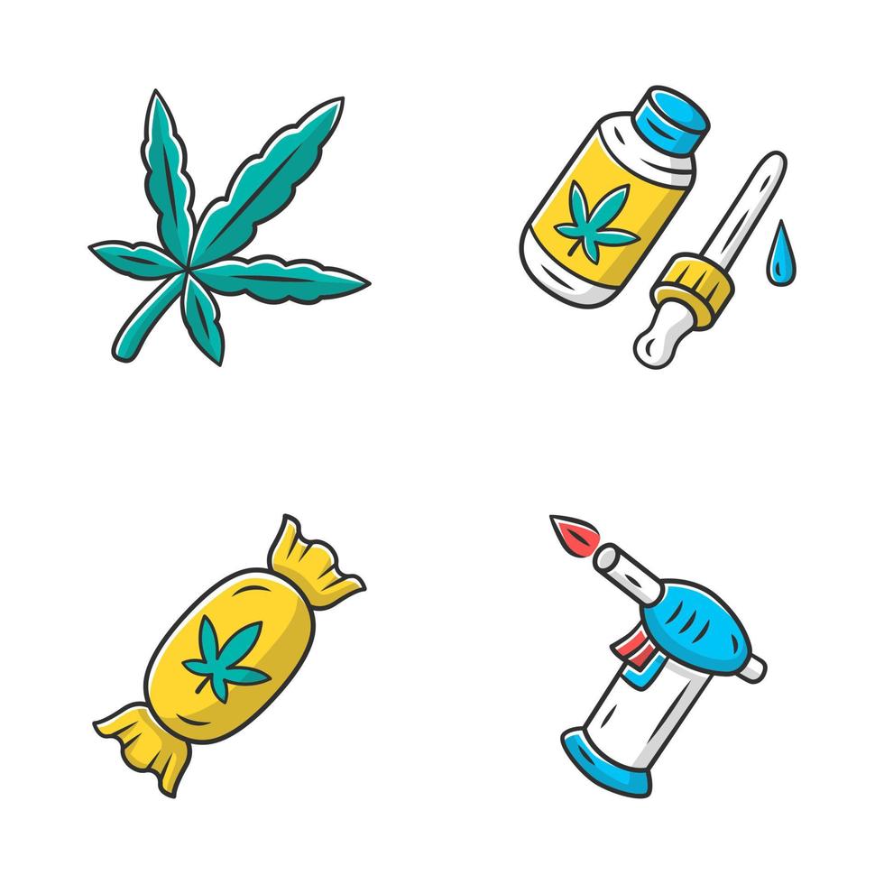 conjunto de iconos de color de productos de malezas. industria cannábica. aceite de cbd y dulces. encendedor de cigarrillos de gas azul. legalización de la marihuana. distribución de cáñamo, venta. medicación alternativa. ilustraciones de vectores aislados