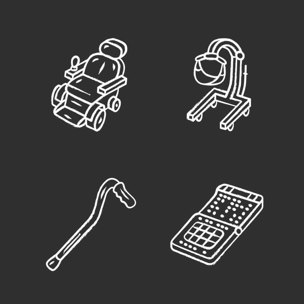 Disabled devices chalk icons set. Motorized wheelchair, patient lift, cane, braille smartphone. Mobility aids, handicapped equipment for physically challenged. Isolated vector chalkboard illustrations