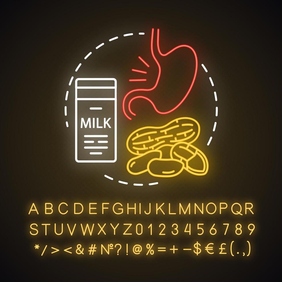 Food allergy neon light concept icon. Allergic reaction to milk proteins, nuts idea. Lactose intolerance. Stomach problem. Glowing sign with alphabet, numbers and symbols. Vector isolated illustration