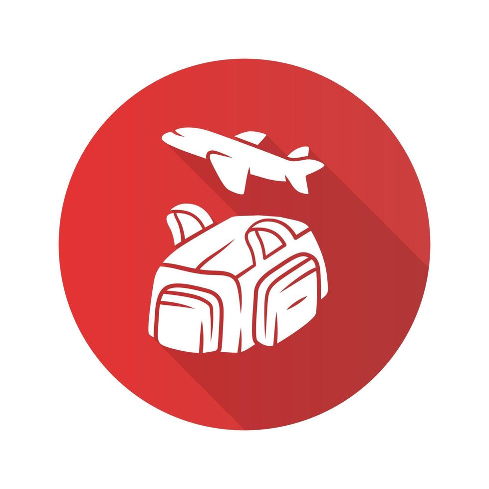 vuelo, bolsa de viaje diseño plano icono de glifo de sombra larga. llevar equipaje de lona, paquete de equipaje. bolso de mano para viajes, turismo. bolsa con asas, bolsillos. ilustración de silueta vectorial vector