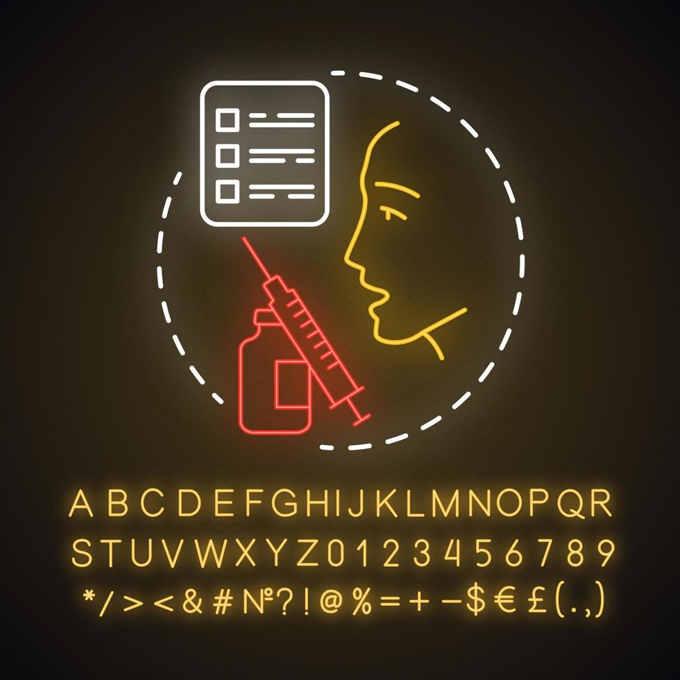 Allergies guide neon light concept icon. Allergic disease information. Vaccination, immunization idea. Allergy treatment. Glowing sign with alphabet, numbers and symbols. Vector isolated illustration