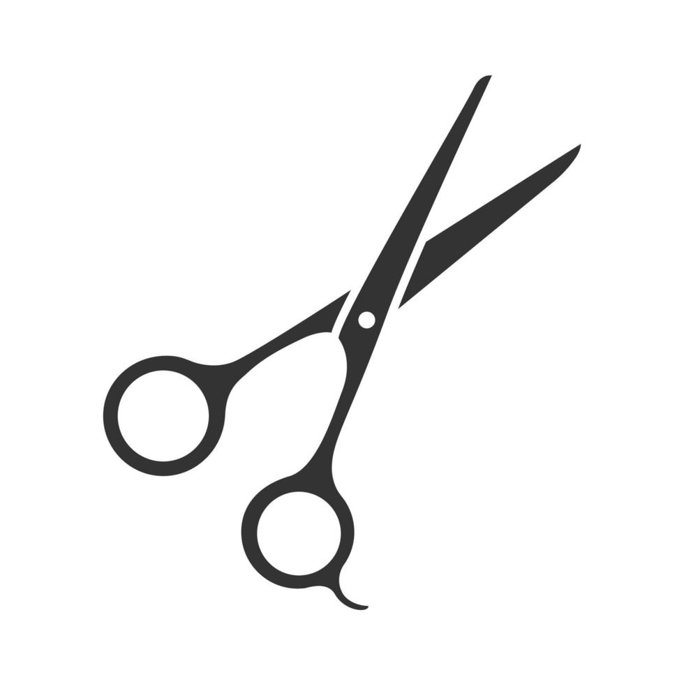 icono de glifo de tijeras. tijeras de corte de pelo. instrumento de corte con abrazadera de dedo, espiga. instrumento de peluquería. peluquería profesional. símbolo de la silueta. espacio negativo. ilustración vectorial aislada vector