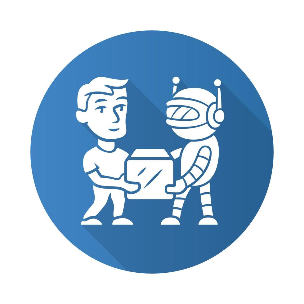 icono de glifo de sombra larga de diseño plano de bot transaccional. inteligencia artificial. robot asociado caja de retención de hombre y robot. servicio de entrega robótica. actualización de base de datos. ilustración de silueta vectorial vector