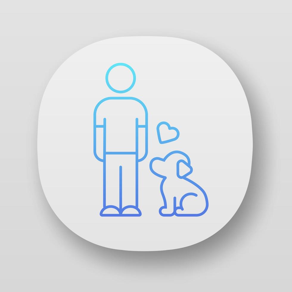 Animals welfare and help app icon. Pup and master. Pet adoption from shelter. Volunteer activity. Man with faithful dog. UI UX user interface. Web or mobile applications. Vector isolated illustrations