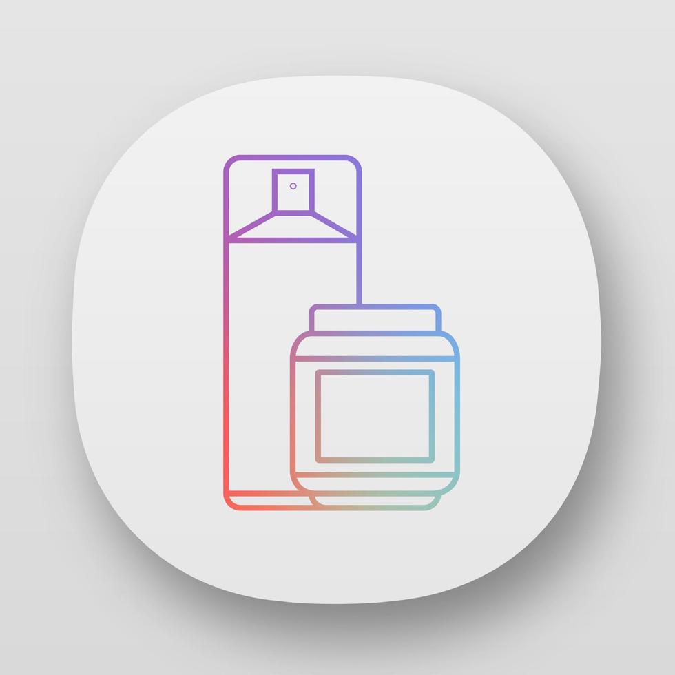 Hairspray and styling gel app icon. Hairstyling products. Means for fixing wet and dry hair. Professional hairstyling. UI UX user interface. Web or mobile applications. Vector isolated illustrations