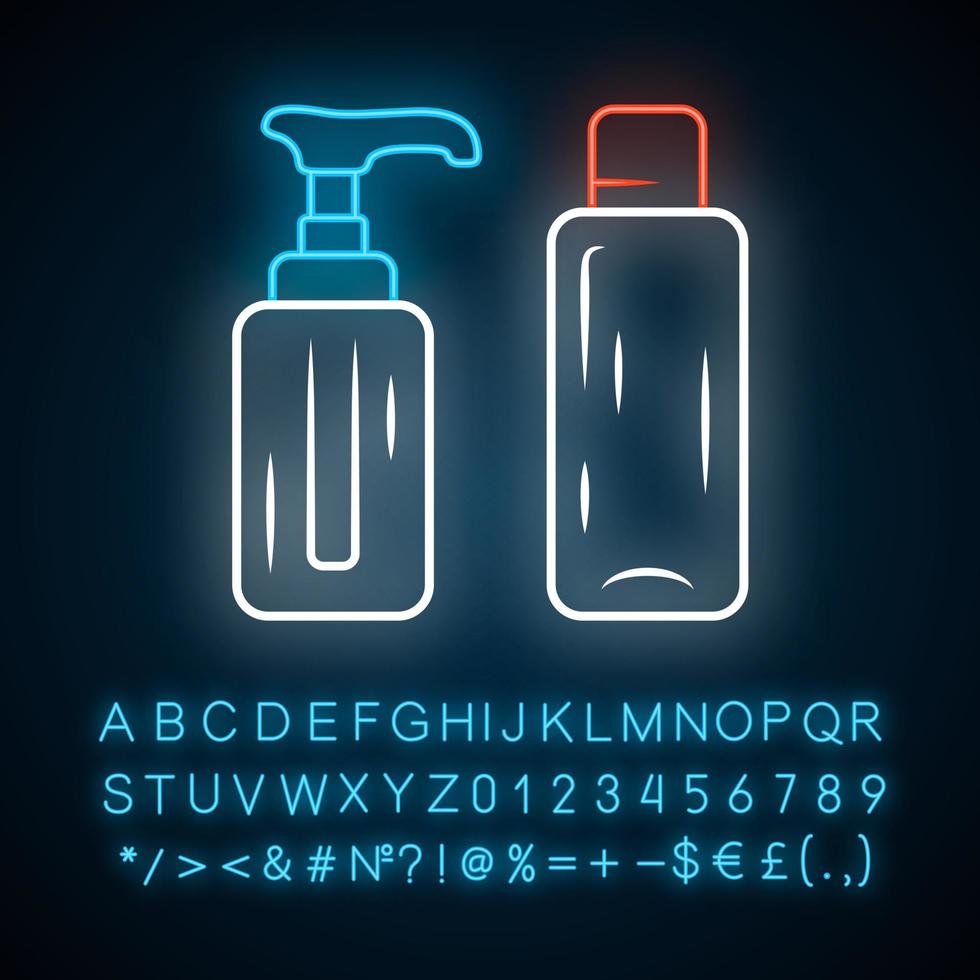 Empty reusable containers neon light icon. Shampoo and soap bottles for travel. Personal hygiene, self care products. Glowing sign with alphabet, numbers and symbols. Vector isolated illustration