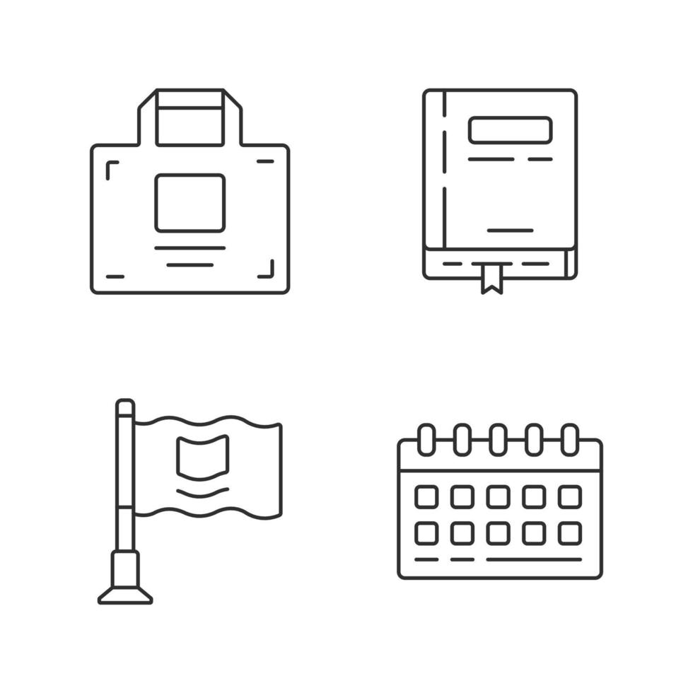 Office accessories linear icons set. Business supplies thin line contour symbols. Working notepad, desk calendar, briefcase and small flag isolated vector outline illustrations. Editable stroke