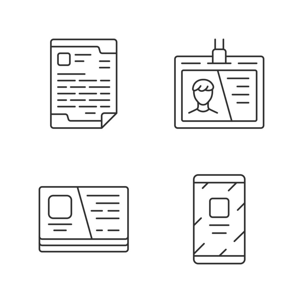 Office supplies linear icons set. Businessman tools thin line contour symbols. Letterhead paper, employee badge, id card and mobile phone isolated vector outline illustrations. Editable stroke