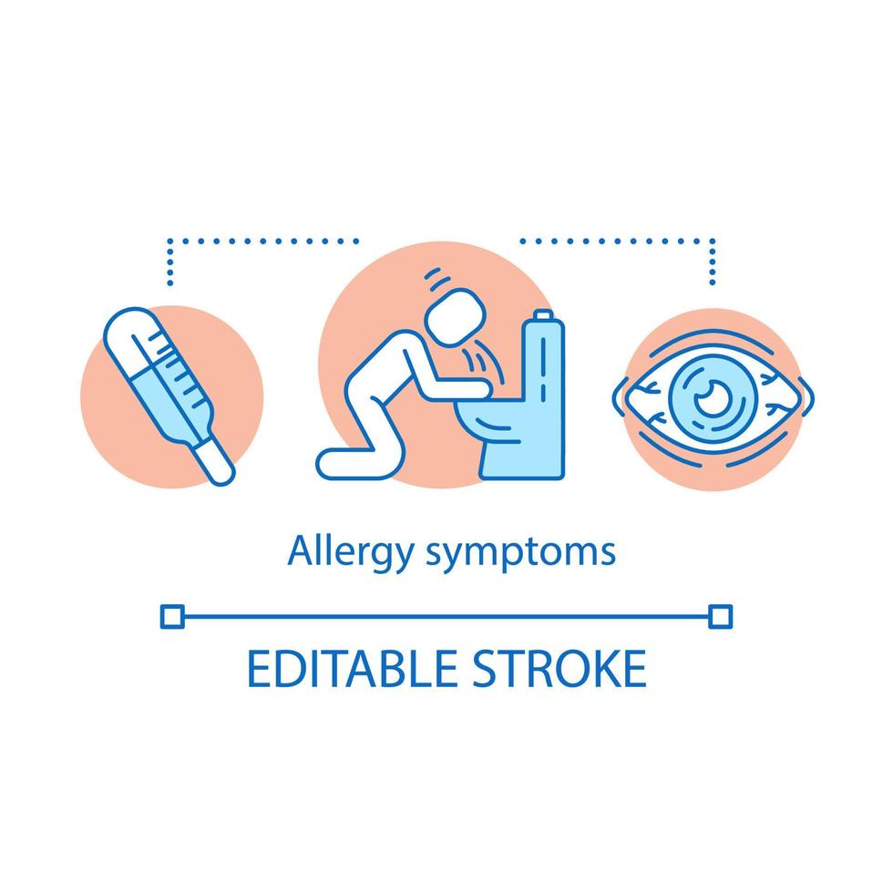 Allergy symptoms concept icon. Organism reactions to allergens idea thin line illustration. Fever, vomiting, allergic conjunctivitis. Health problems. Vector isolated outline drawing. Editable stroke