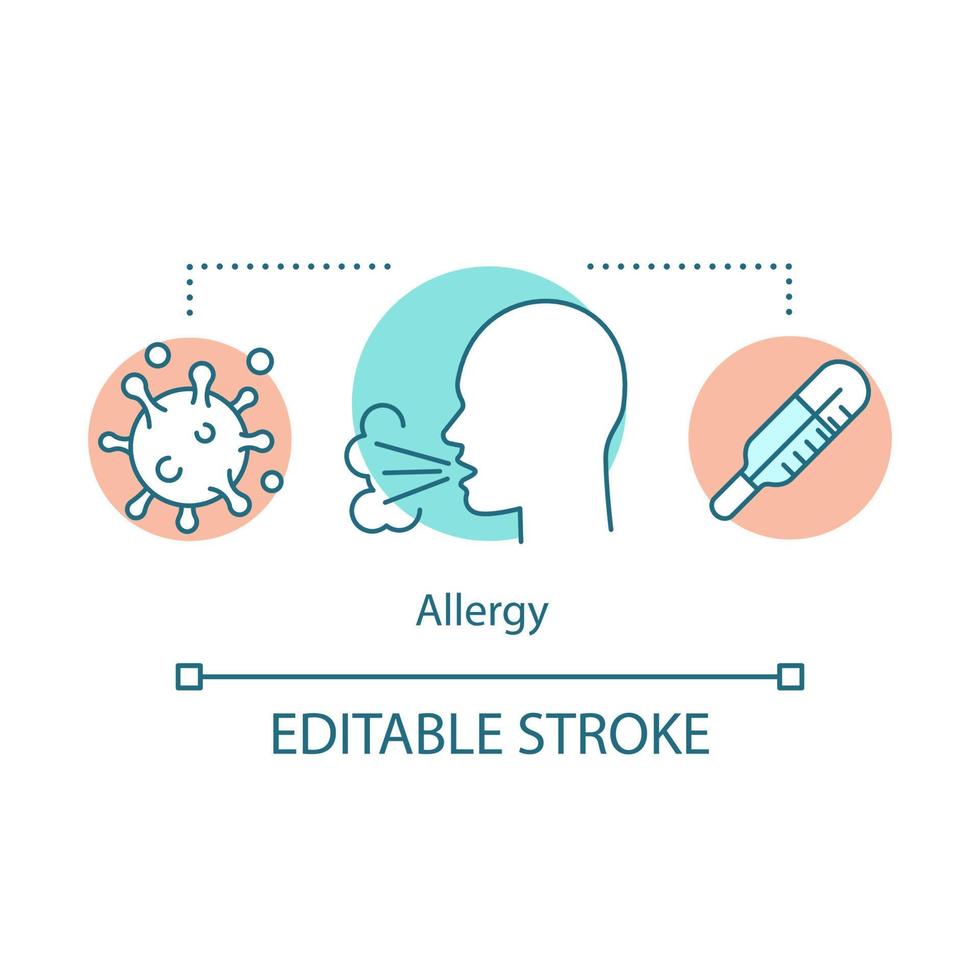 icono del concepto de alergia. ilustración de línea delgada de idea de enfermedad alérgica. síntomas de alergia, causas. virus, persona tosiendo, termómetro. dibujo de contorno aislado vectorial. trazo editable vector