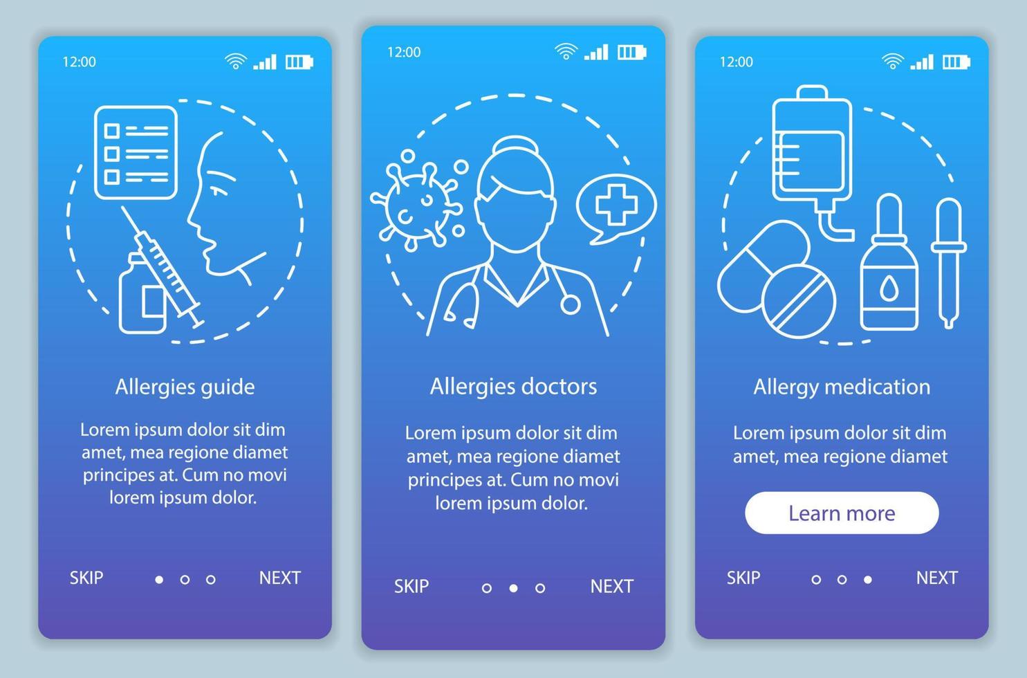 Allergy medical help onboarding mobile app page screen vector template. Allergies guide, doctors, medication. Walkthrough website steps with illustrations. UX, UI, GUI smartphone interface concept