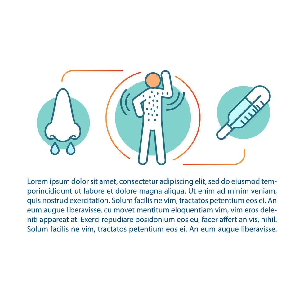 Allergy symptoms article page vector template. Skin rash, fever, rhinitis. Brochure, magazine, booklet design element with linear icons, text boxes. Print design. Concept illustrations with text space