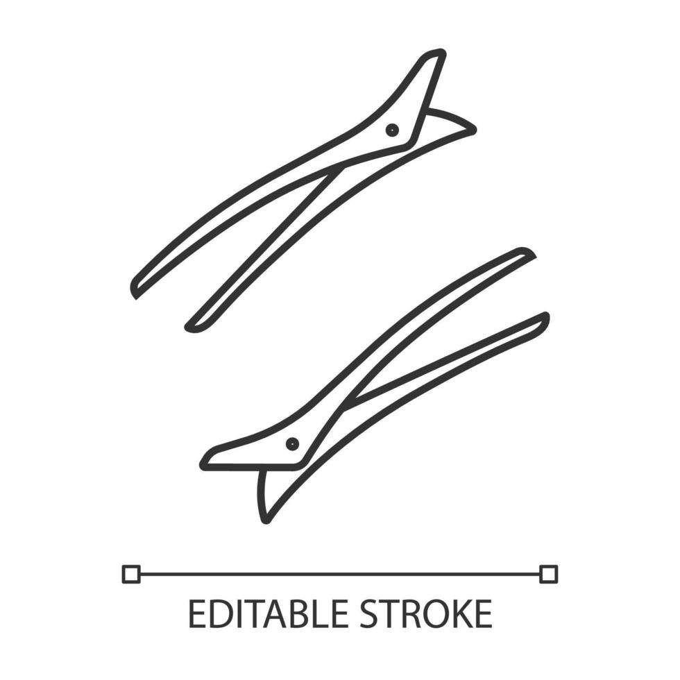 Hair clips linear icon. Hairpin. Bobby pins. Hair fixation, decoration. Woman hairdressing. Hairdresser tool. Thin line illustration. Contour symbol. Vector isolated outline drawing. Editable stroke