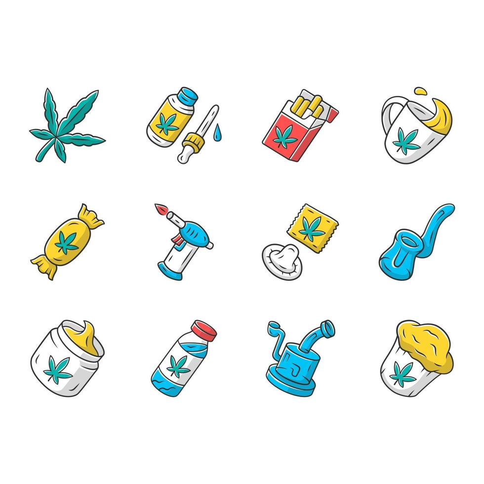 Weed products color icons set. Marijuana legalization. Hemp distribution, sale. Cannabis industry. Smoking devices. CBD drink, cream, candy, cupcake. Isolated vector illustrations