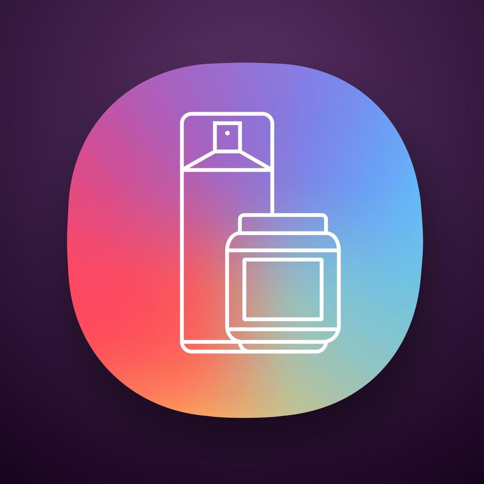 Hairspray and styling gel app icon. Hairstyling products. Means for fixing wet and dry hair. Professional hairstyling. UI UX user interface. Web or mobile application. Vector isolated illustration
