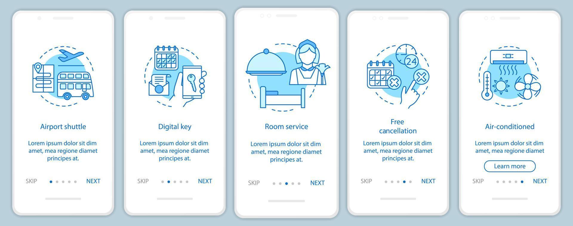 Hotel services onboarding mobile app page screen vector template. Airport shuttle, free cancellation. Walkthrough website steps with linear illustrations. UX, UI, GUI smartphone interface concept