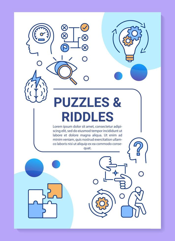 diseño de plantilla de póster de rompecabezas y acertijos. banner de la sala de escape, folleto, diseño de impresión de folletos con iconos lineales. diseño de página de folleto de vector de juego de realidad de estrategia para revistas, folletos publicitarios