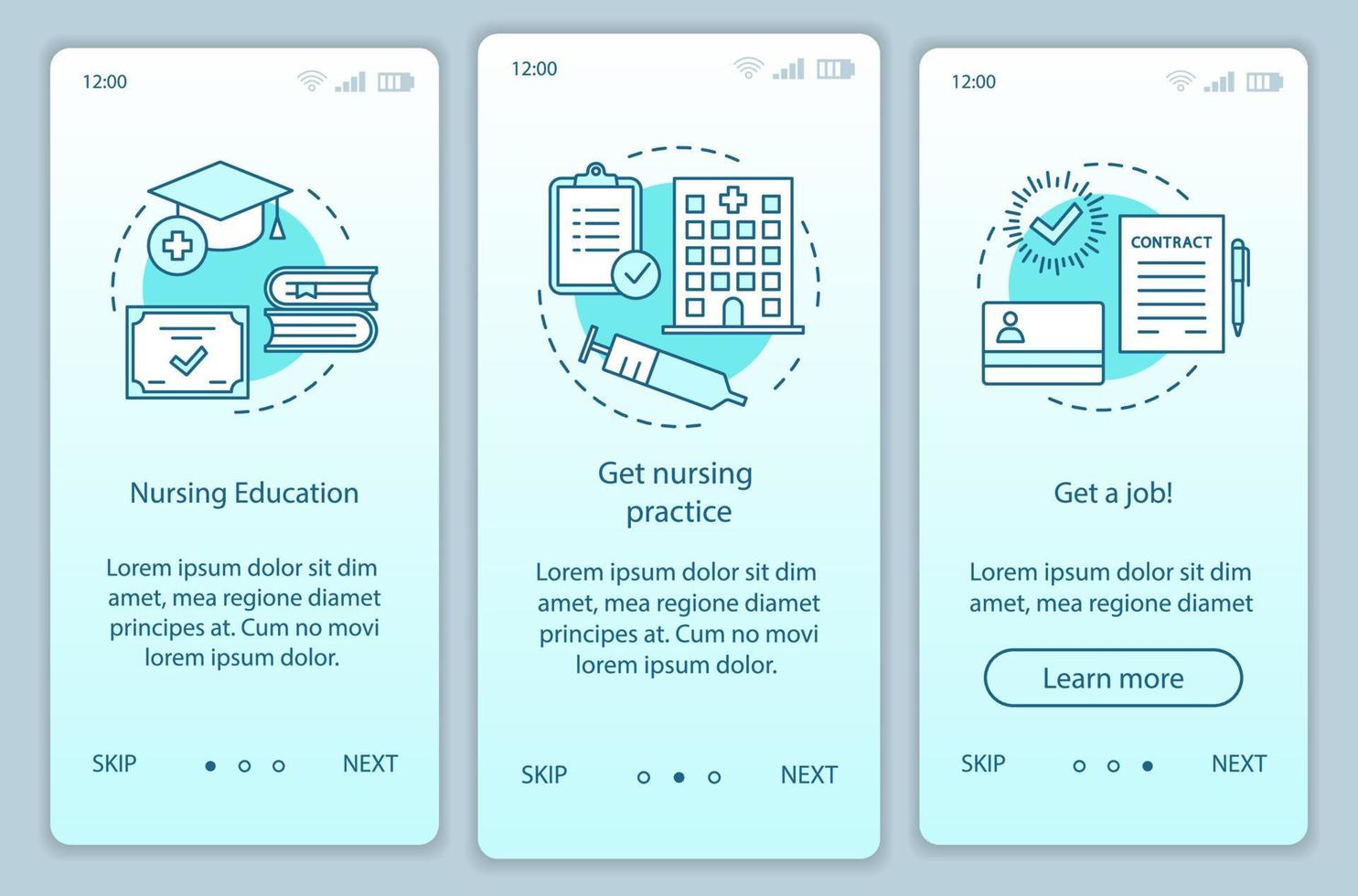Nursing education onboarding mobile app page screen vector template. Become caregiver walkthrough website steps with linear illustrations. Carer, nurse profession. UX, UI, GUI smartphone interface
