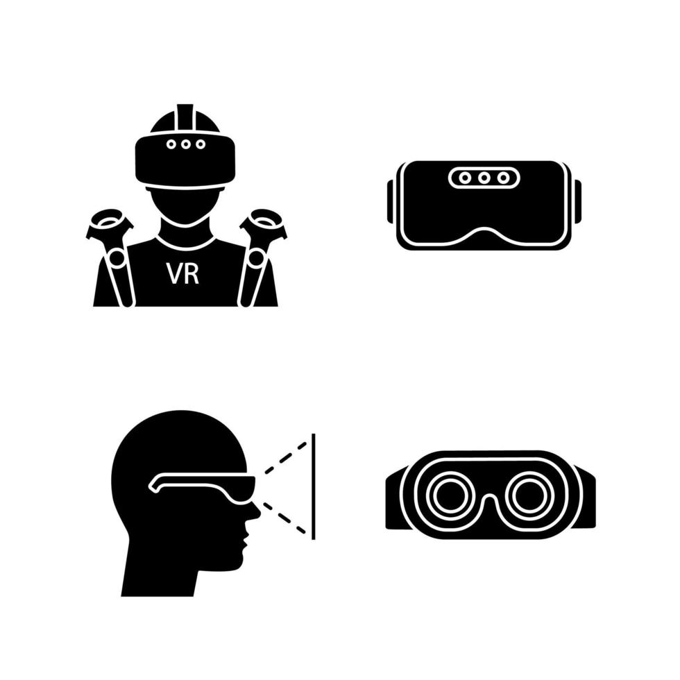 Virtual reality glyph icons set. Silhouette symbols. VR player with mask, wireless controllers, headset inside view, 3D glasses. Vector isolated illustration