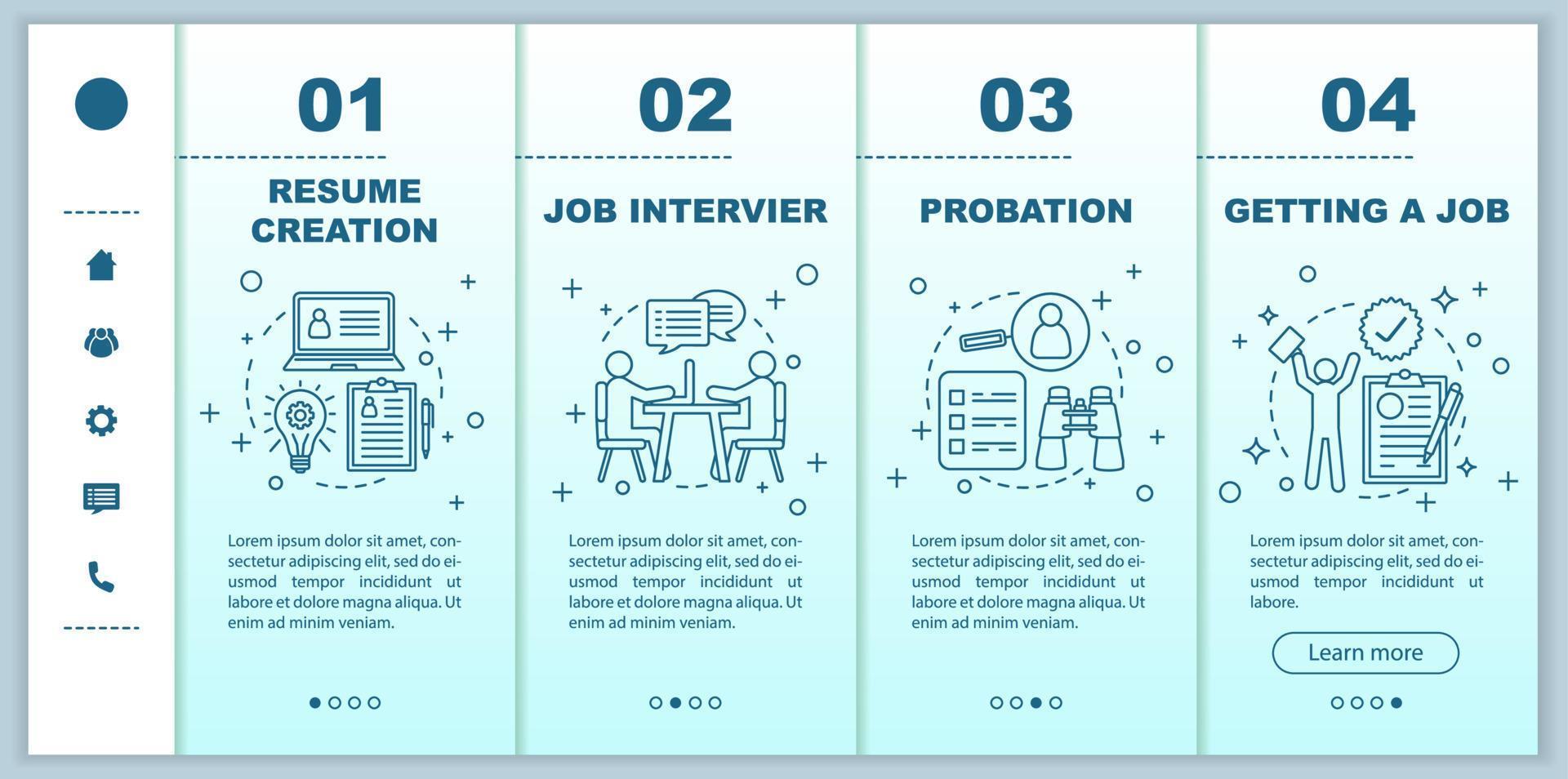 Job searching onboarding mobile app page screen vector template. Resume creation. Probation. Recruitment walkthrough website steps with linear illustrations. UX, UI, GUI smartphone interface concept